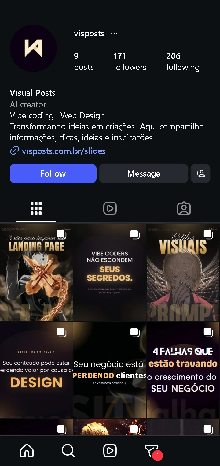 Perfil da Visposts no Instagram, com o feed de carrosséis montados pelo método
