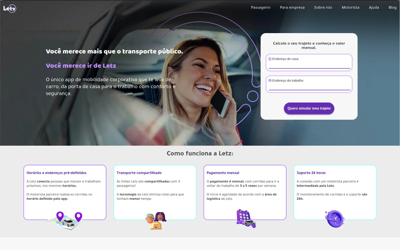 Página inicial do site da Letz, com o formulário de simulação de trajeto